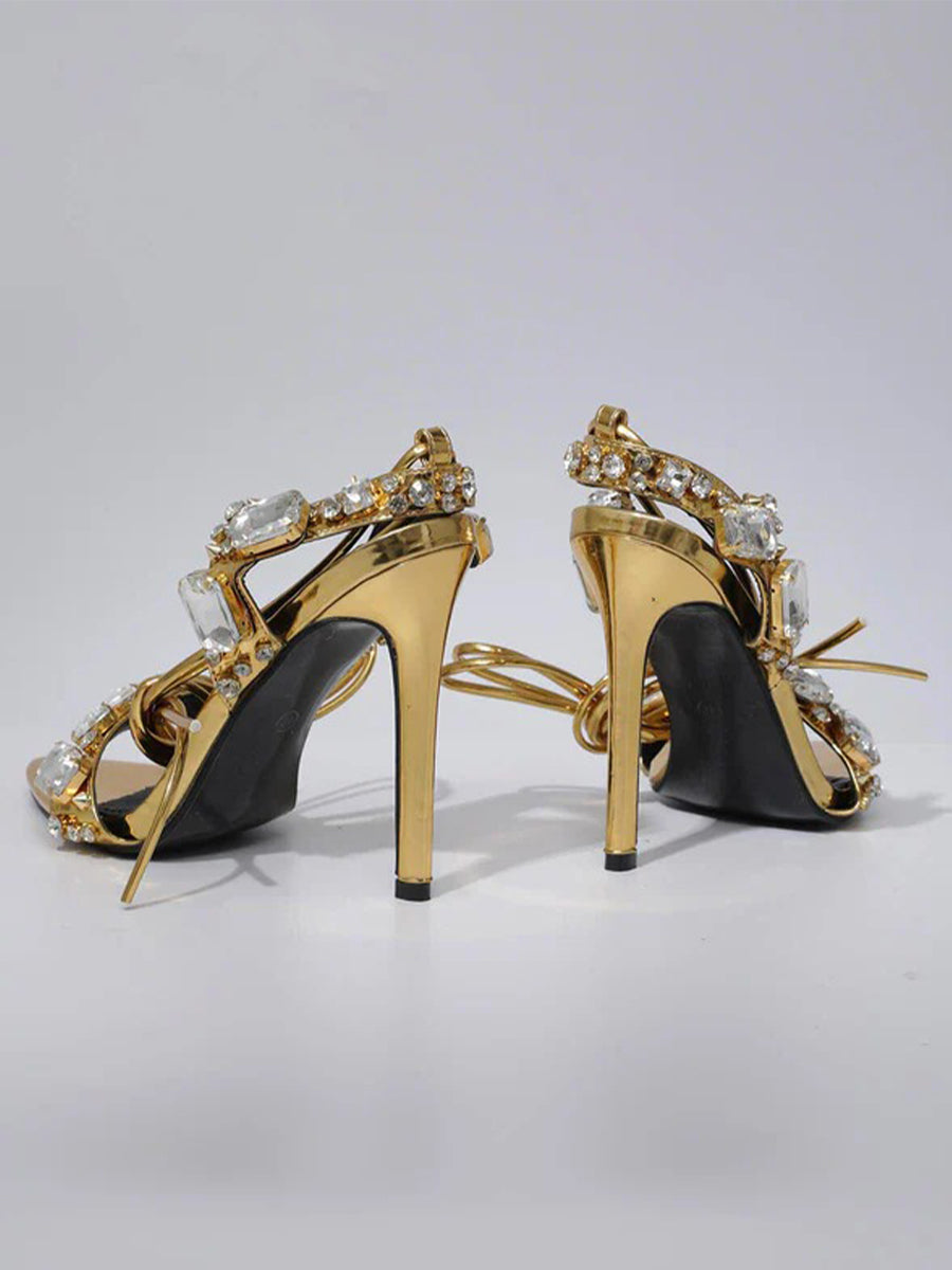 Tempest Crystal Lace Up Heels In Gold