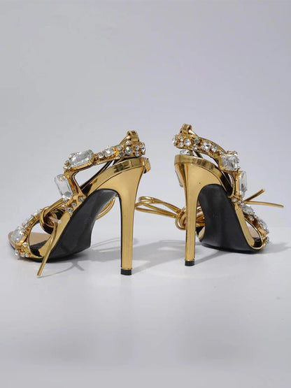 Tempest Crystal Lace Up Heels In Gold