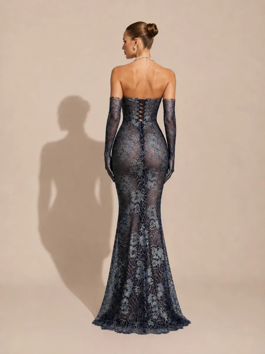 Zinnia Elegant Flowy Strapless Lace Floral Maxi Dress