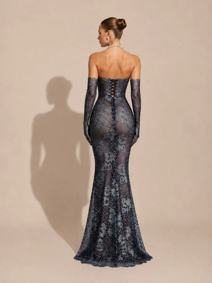 Zinnia Elegant Flowy Strapless Lace Floral Maxi Dress