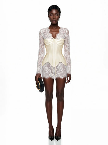 Thea White Ruched Top & Semi Sheer Lace Mini Dress Set