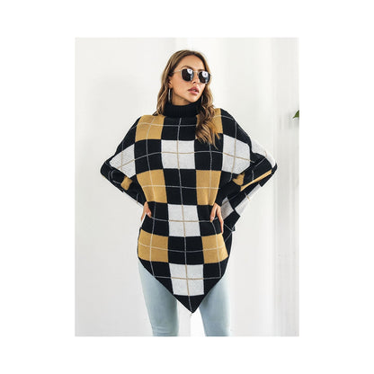 Casual Loose Batwing Sleeves Checkerboard High-Neck Sweater Tops