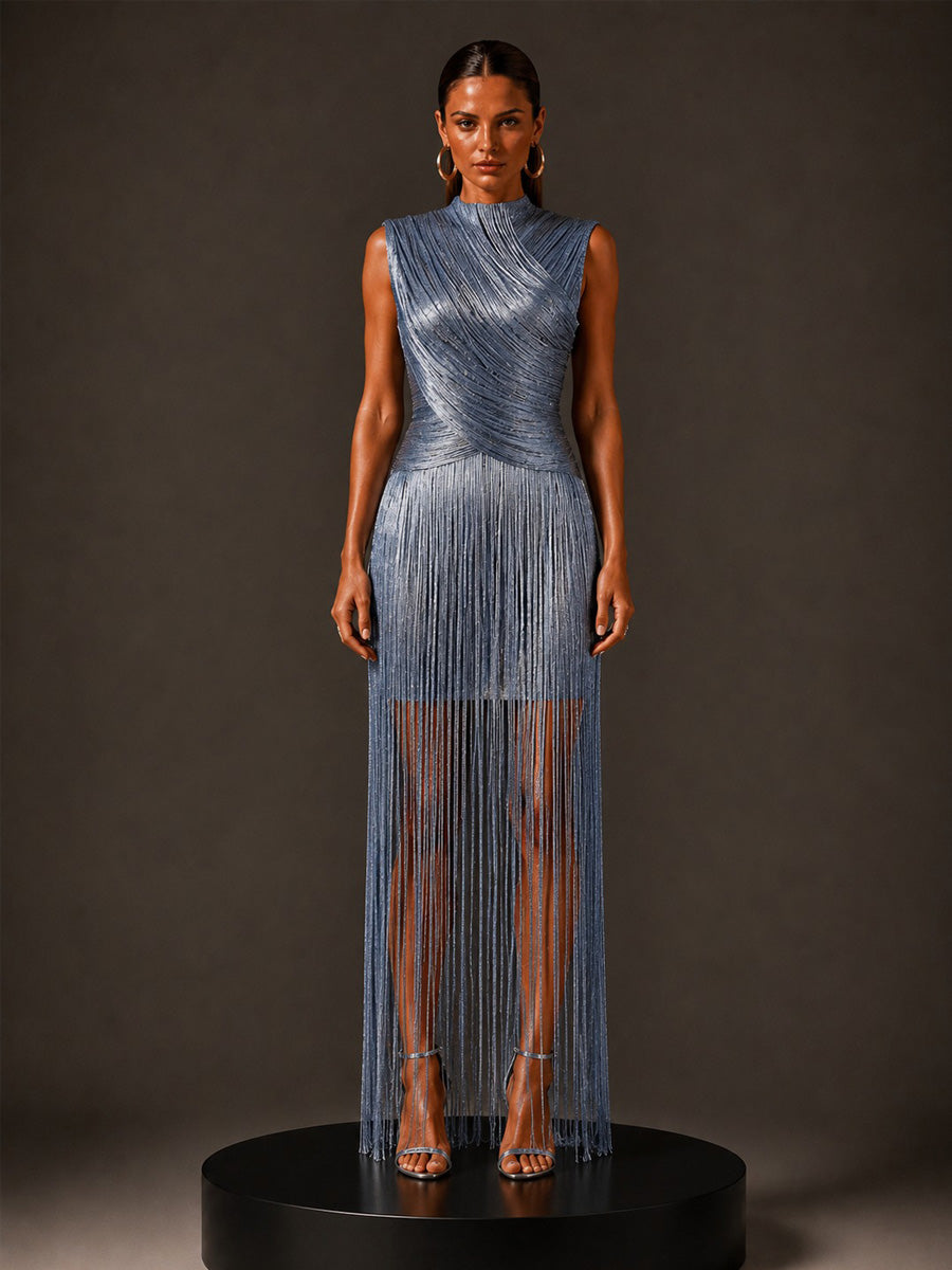 Calliope Silver-Thread Tassel Bandage Maxi Dress In Blue