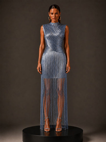 Calliope Silver-Thread Tassel Bandage Maxi Dress In Blue