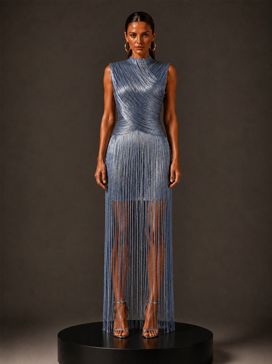 Calliope Silver-Thread Tassel Bandage Maxi Dress In Blue