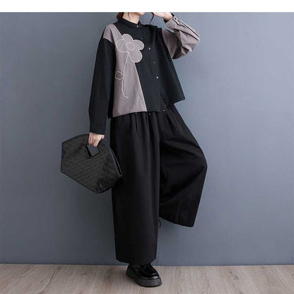 Long Sleeve Lapel Single Breasted Embroidery Loose Blouse