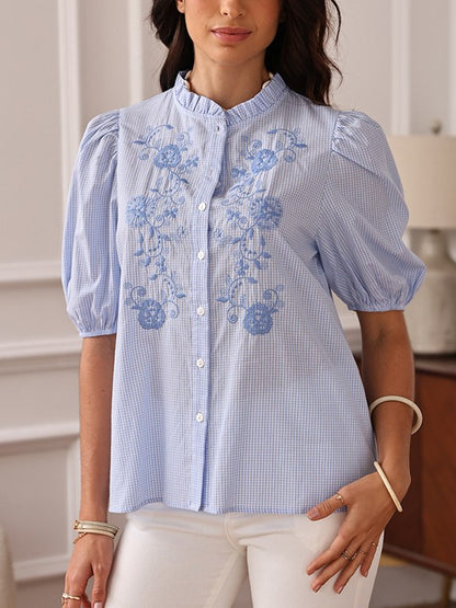 Plaid Floral Embroidered Ruffled Shirt