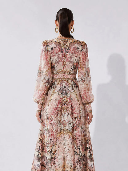 Acacia Vintage-Print Long-Sleeve Maxi Dress