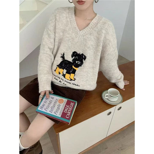 Heavyweight Embroidered Dog Sweater Women's V-Neck Knit Top