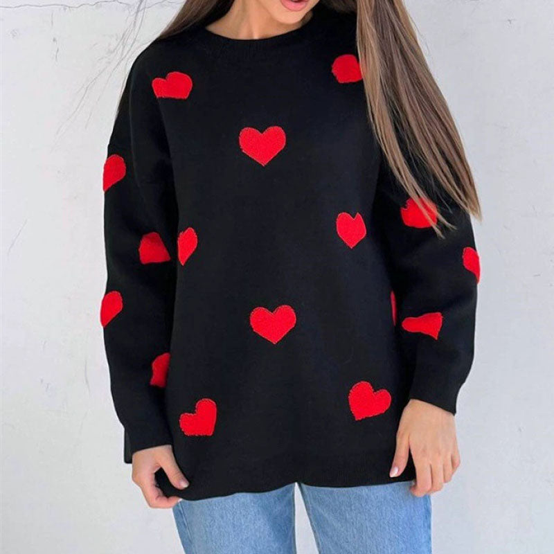 Casual Heart Embroidery Thicken Warm Knit Sweater