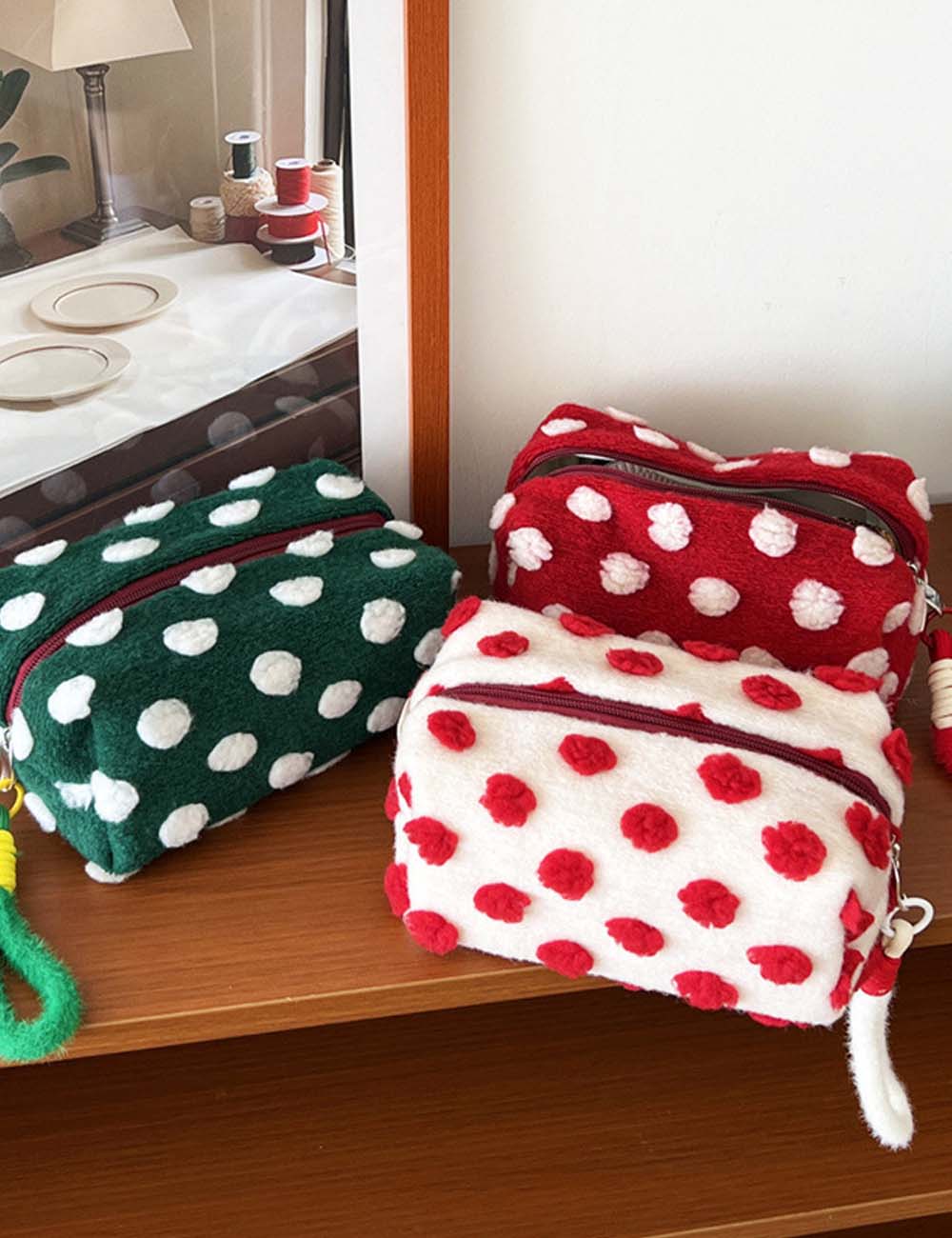 Plush Polka Dots Portable Cosmetic Bag