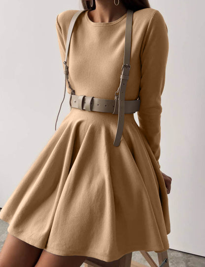Elegant Round Neck Long Sleeve Flare Mini Dress