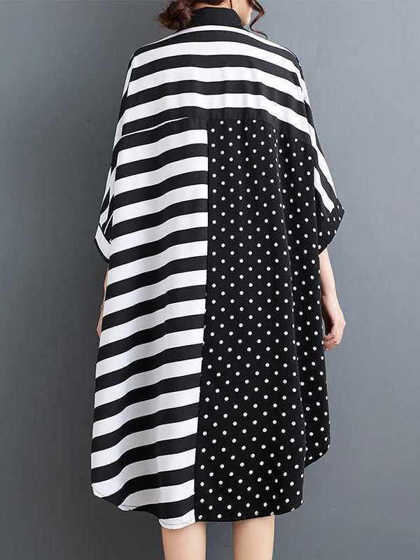Batwing Sleeves Half Sleeves Buttoned Polka-Dot Striped Lapel Blouses&Shirts Tops
