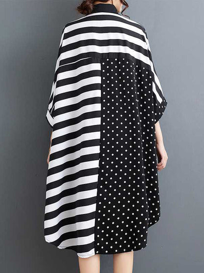Batwing Sleeves Half Sleeves Buttoned Polka-Dot Striped Lapel Blouses&Shirts Tops