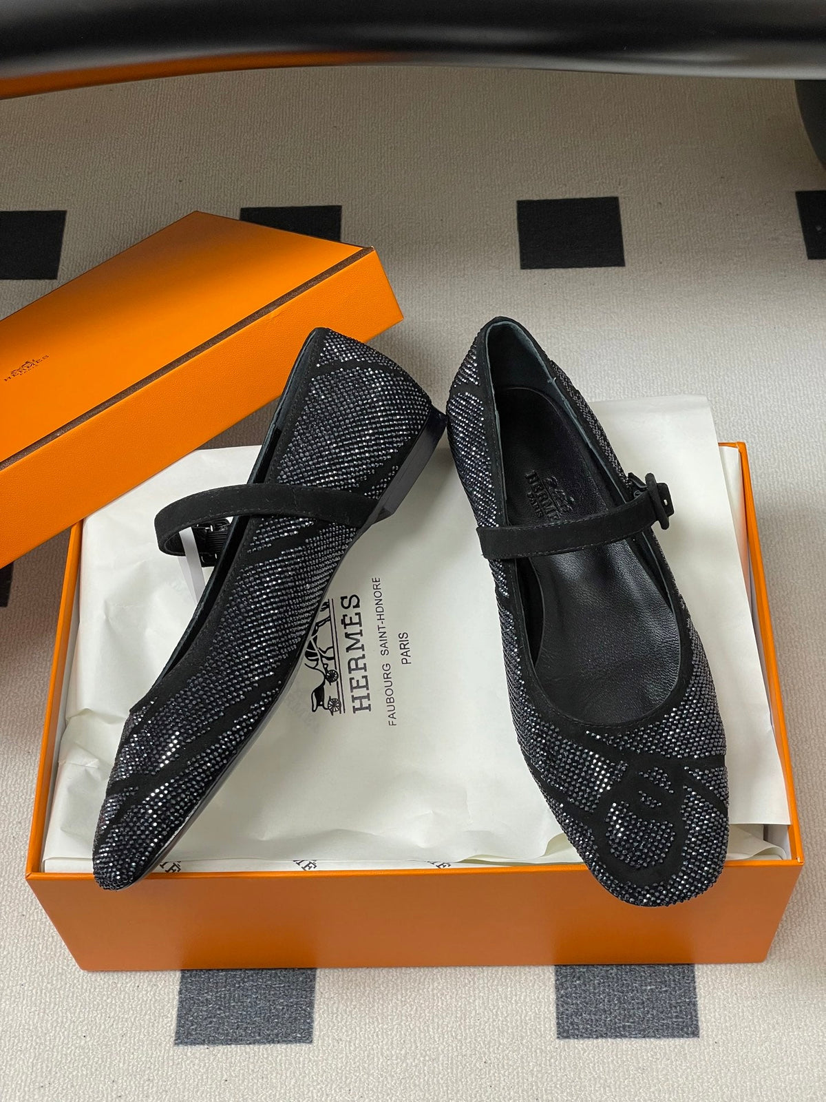 Hermes 26 Light Ballet Flat Metallic Black in Suede 594341