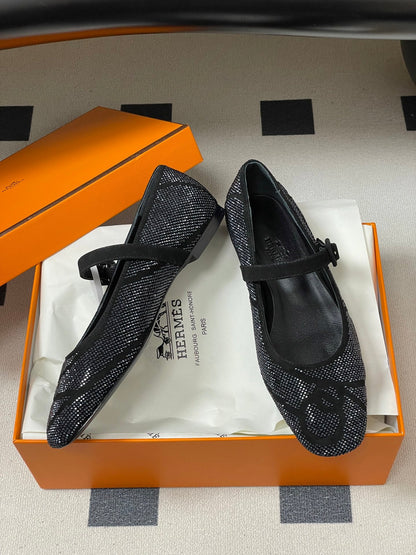 Hermes 26 Light Ballet Flat Metallic Black in Suede 594341