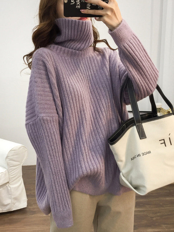 Casual Long Sleeves Loose Solid Color High-Neck Sweater Tops
