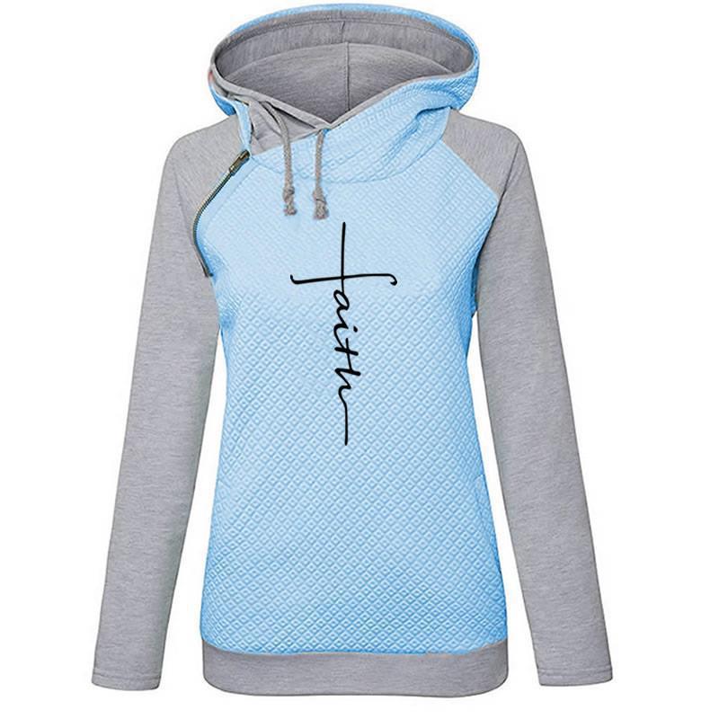 Zipper Long Sleeve Contrast Color Hooded Fleece Women'S Coat Embroidered Sweater