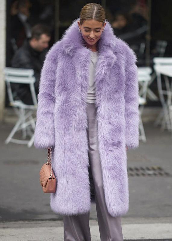 Faux Fur Lapel Coat Violet Longline Style