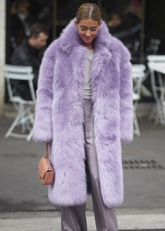 Faux Fur Lapel Coat Violet Longline Style