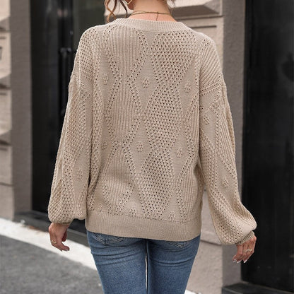 Loose Solid Color Long Sleeve Hollow Crew Neck Sweater