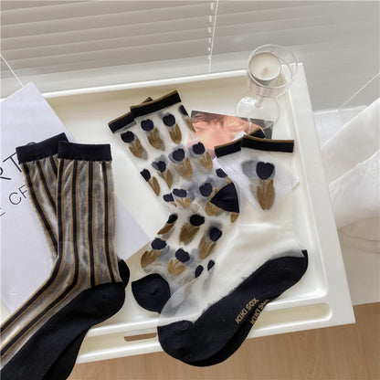 Rufia - Summer Black Tulip Floral Sheer Socks
