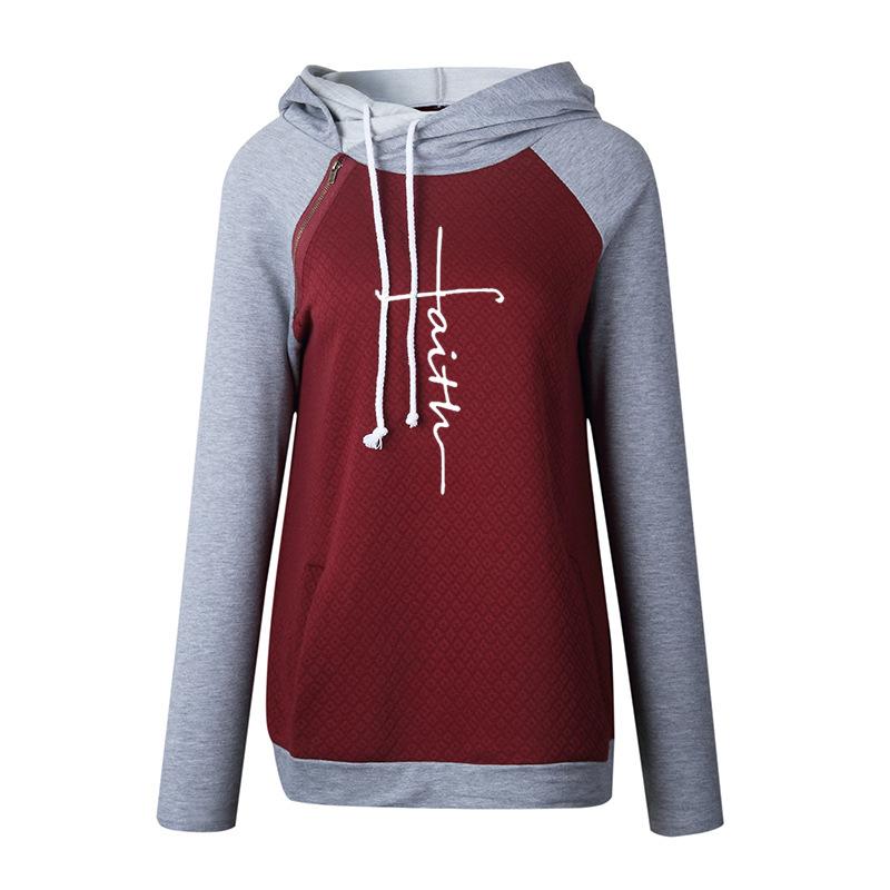 Zipper Long Sleeve Contrast Color Hooded Fleece Women'S Coat Embroidered Sweater