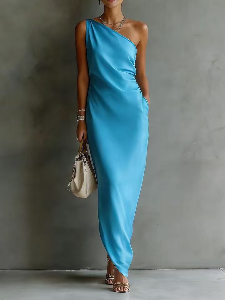 Solid Color Satin Slant Shoulder Drape Slim Long Dress