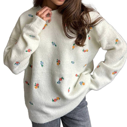 Simple Embroidered Flower Round Neck Cardigan