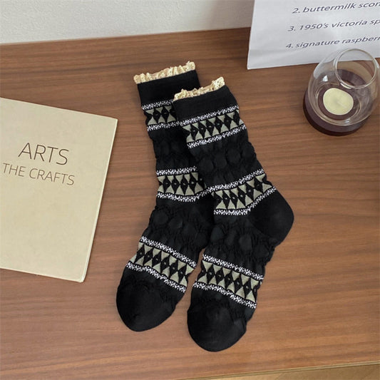 Rufia - Diamond Pattern Pleated Mid-Calf Socks
