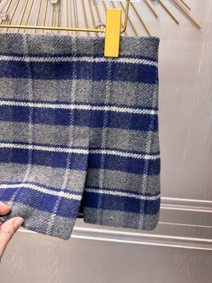 Miumiu 2026 Plaid Midi Skirt Blue-Gray Wool Viscose