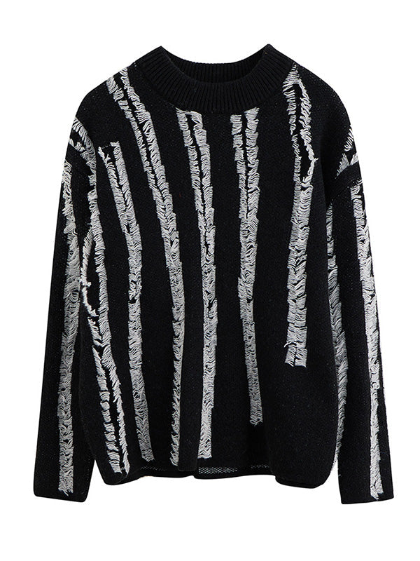 Casual Long Sleeves Loose Tasseled Round-Neck Sweater Tops