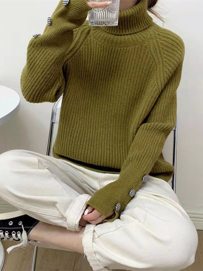 Casual Loose Long Sleeves Solid Color High-Neck Sweater Tops