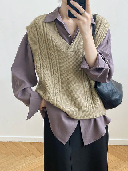 Casual Loose Sleeveless Jacquard Solid Color V-Neck Sweater Vest Outerwear