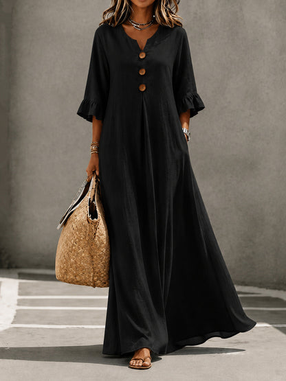 V-Neck Ruffle Sleeve Linen Maxi Dress