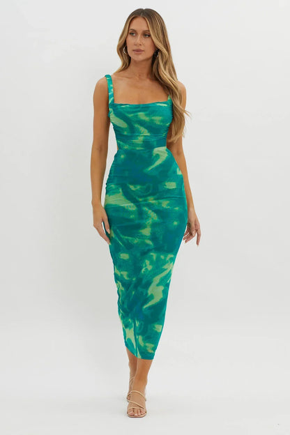 Dream Crush Lace-Up Back Side Split Maxi Dress Swirl Green