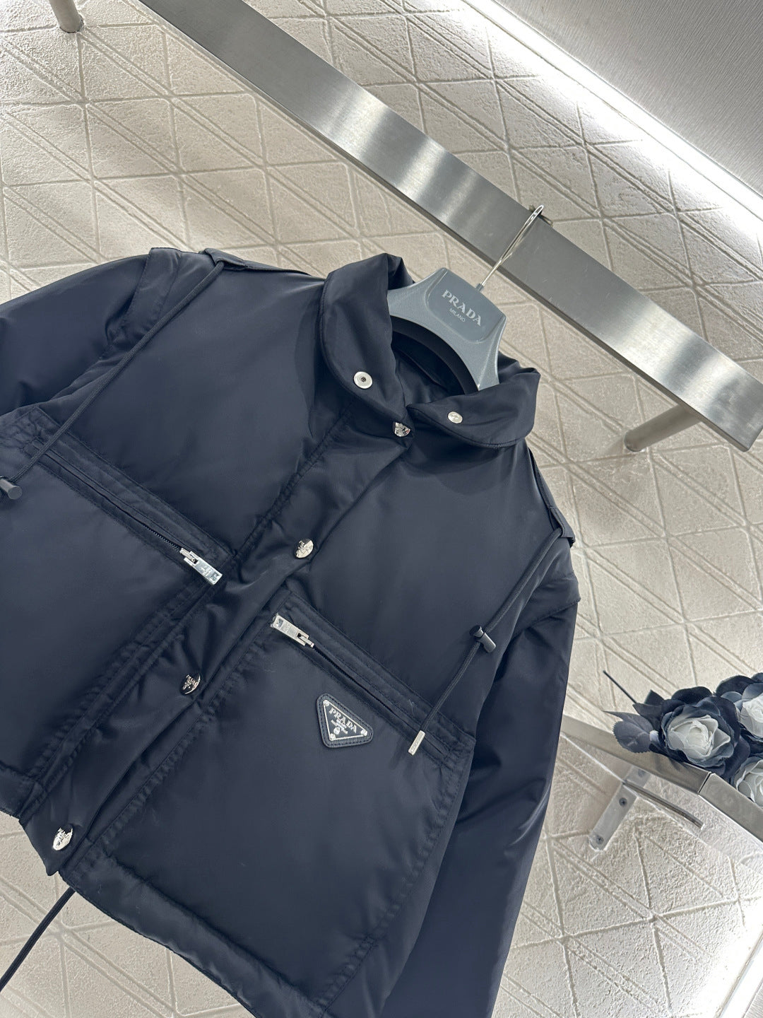 Prada 2025 Cropped Jacket With Detachable Sleeves Black Re-Nylon Down