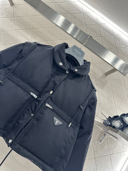 Prada 2025 Cropped Jacket With Detachable Sleeves Black Re-Nylon Down