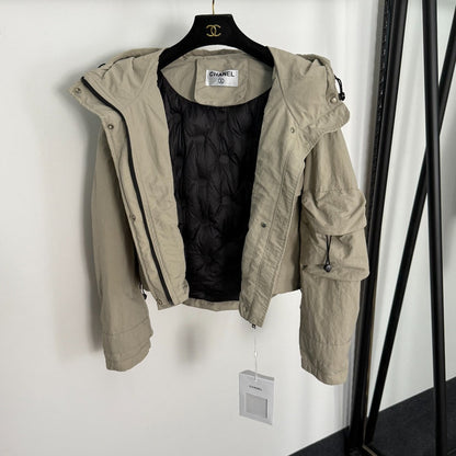 CC Chanel Style Rubber Logo Work Pocket Long Sleeve Hooded Cotton Jacket
