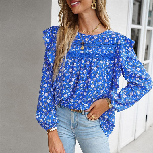 Round Neck Long Sleeve Floral Shirt
