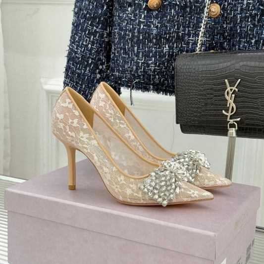 JC25WF Rhinestone Bow Pionted Toe High Heels 85 Nude Sheepskin 573538