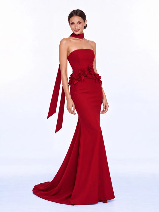 Raquel Elegant Strapless Maxi Dress with 3D Floral Details