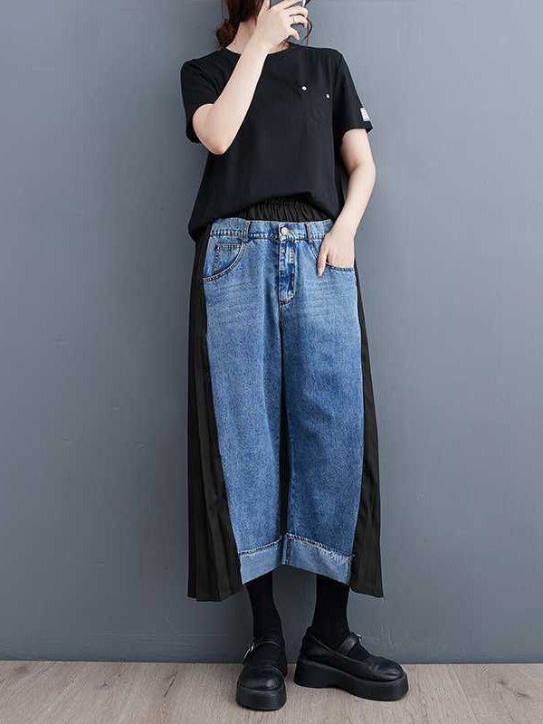 False Two High Waisted Elasticity Split-Joint Jean Pants Bottoms