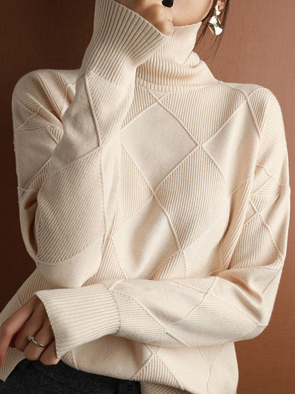 Loose Jacquard Solid Color High-Neck Sweater Tops