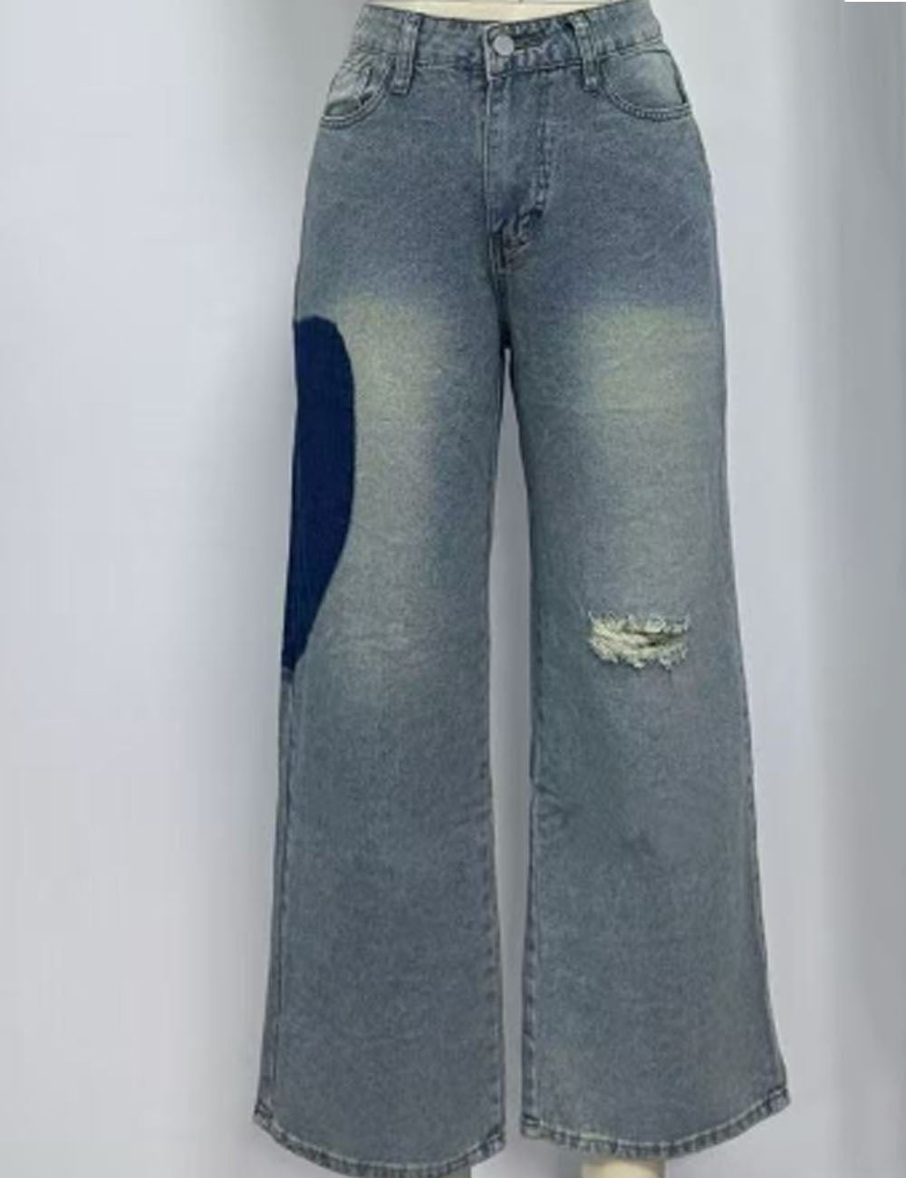 Splicing Heart Distressed Low Rise Straight Leg Jeans