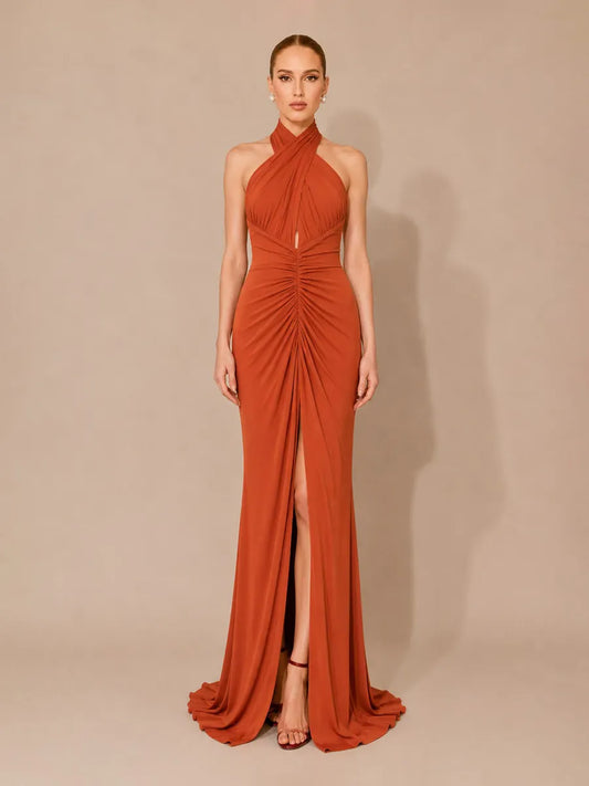 Lucinda Elegant Chiffon Pleated Halter-Neck Backless Maxi Dress