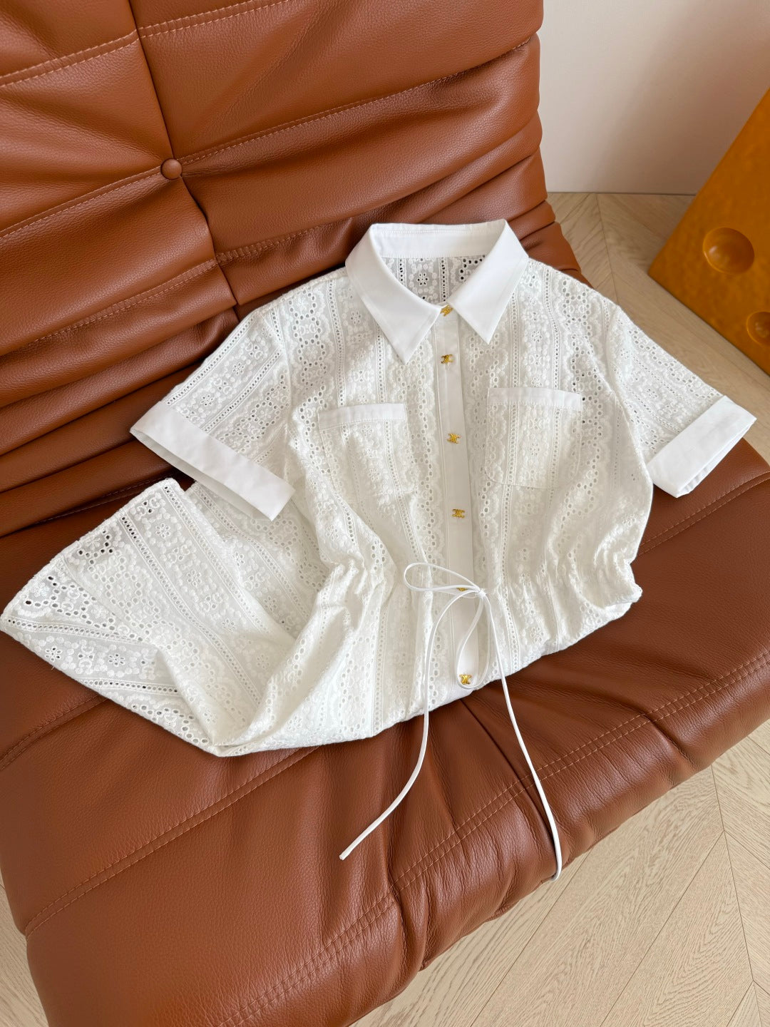 Celine 25 Hollow Shirt Dress with Gold Metal Button White Cotton
