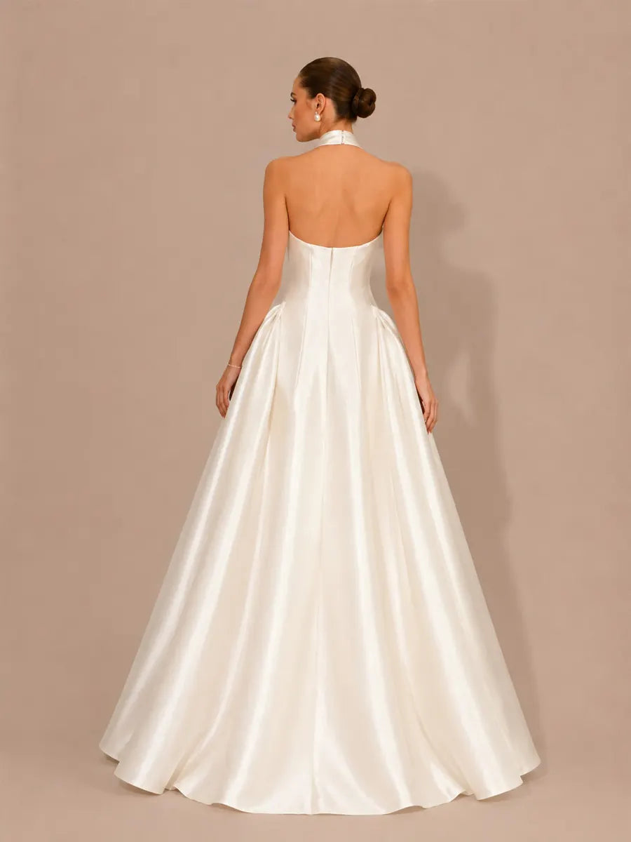 Rhiannon Elegant Satin Halter-Neck Open-Back Maxi Dress