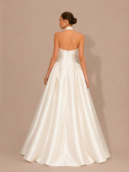 Rhiannon Elegant Satin Halter-Neck Open-Back Maxi Dress
