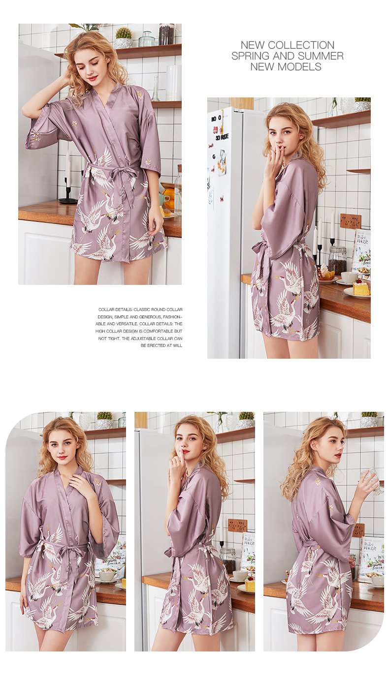 Silk Crane Pajama Girl Summer Mid Sleeve Bride Morning Robe Big Yard Home Robe Bathrobe Color78
